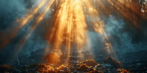 Natural phenomenon: rays of light breaking through trees in the forest