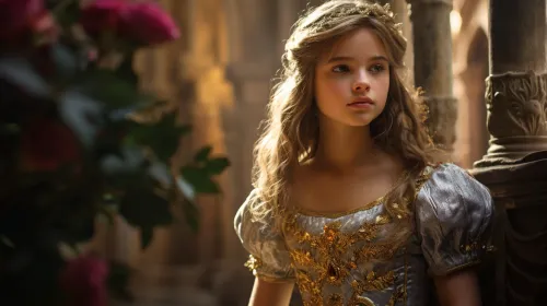 Young girl in a luxurious dress against a background of blooming roses