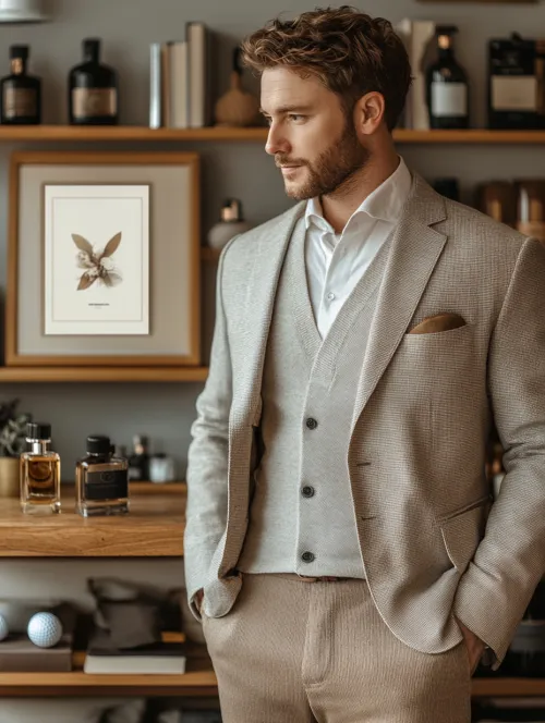 Young man in a stylish outfit against a backdrop of interior design