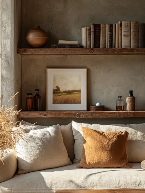 Beautiful apartment with a sofa, books, and decorative elements