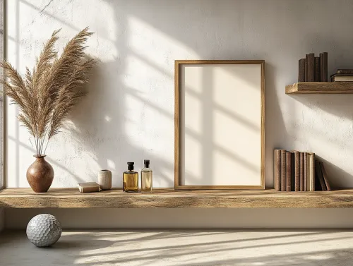 Elegante interior con un marco vacío y objetos decorativos