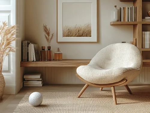 Elegant setting with an armchair, plants, and books on a shelf