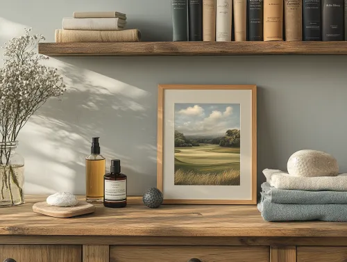 Stylish interior with paintings, a plant, and aromatherapy on the table