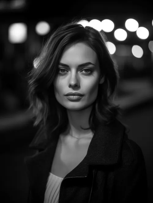 Black-and-white portrait of a woman with curly hair against blurred lights