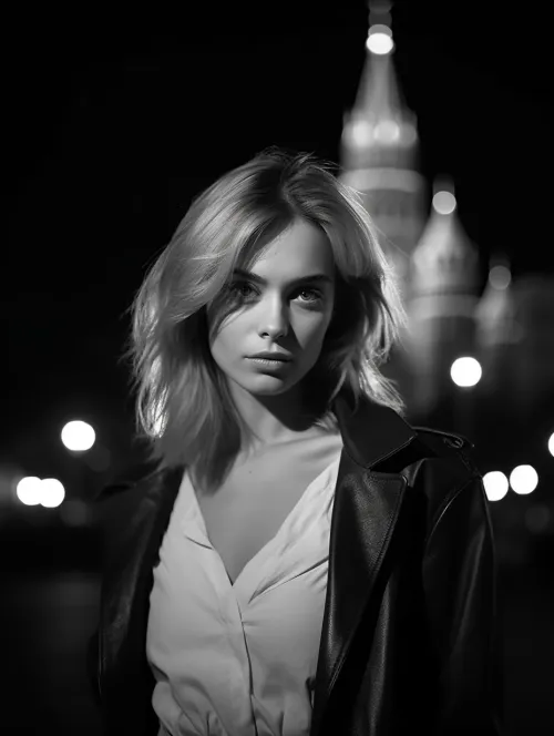 Stylish black-and-white portrait of a girl with bright lights in the background