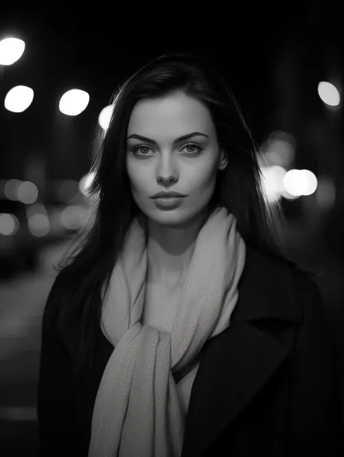 Black-and-white portrait of a young woman in a scarf against a backdrop of lights