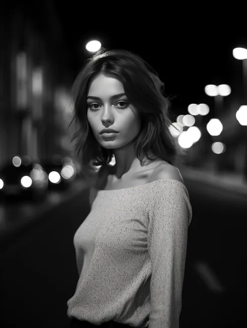 Young woman standing on the street with blurred lights in the background