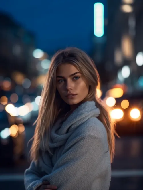 Portrait of a young woman against the backdrop of an evening city with neon lights