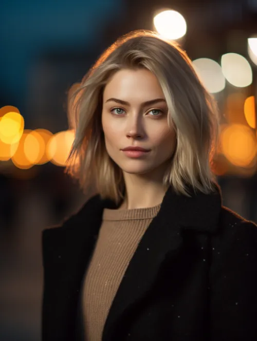 Woman with short light hair on the street in the evening