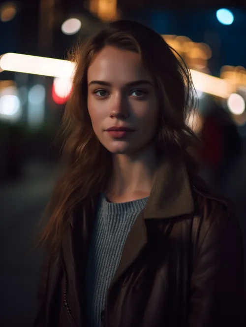 Woman with Long Hair in a Jacket Against the Backdrop of a Night City