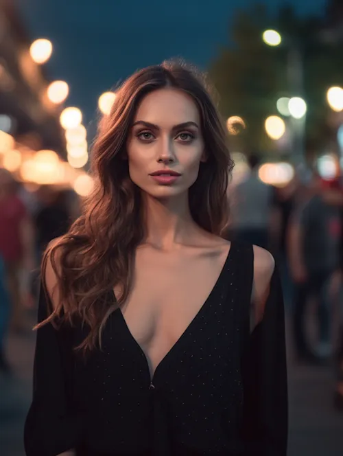 Mujer con cabello largo frente a las luces nocturnas de la ciudad