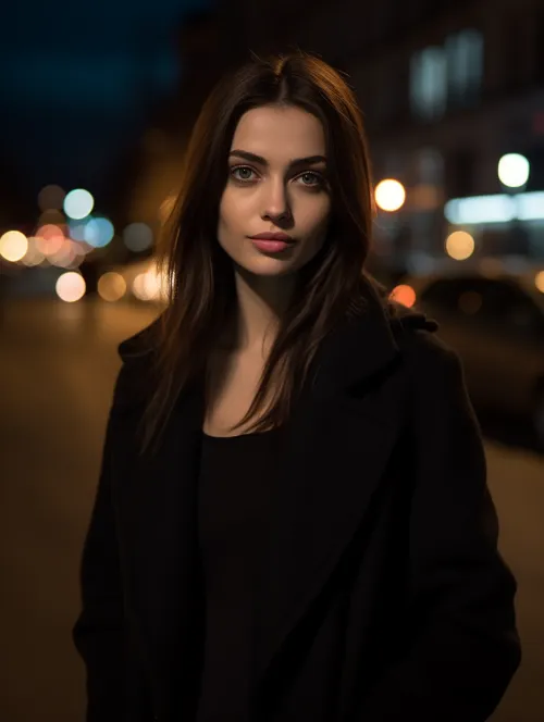 Woman with dark hair against the backdrop of the evening city lights