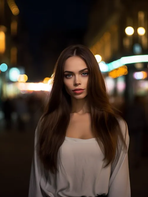 Portrait of a Beautiful Girl Against an Evening Cityscape