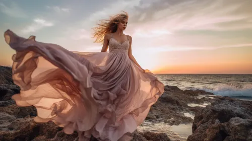 Girl in a long dress against the backdrop of the ocean and sunset