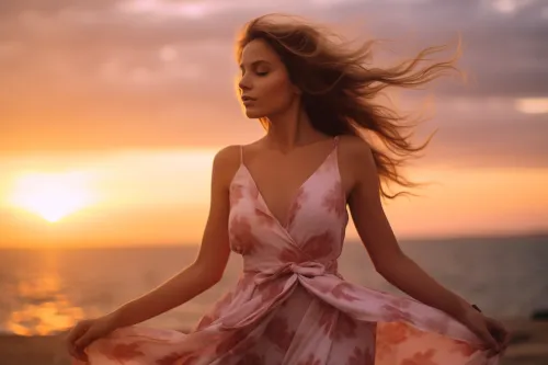 Beautiful woman in a dress standing against the sunset over the ocean