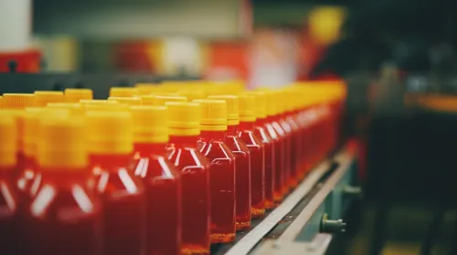 Embalaje de bebida roja en botellas de plástico con tapas amarillas