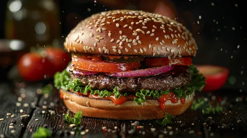 Аппетитный бургер на картинке с говяжьей котлетой и овощами