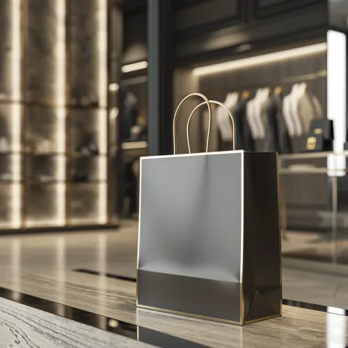 Paper bag with gold handles against a fashionable boutique backdrop