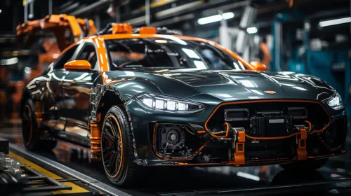 Coche con componentes expuestos en un fondo de producción industrial