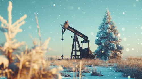 Oil rig against a winter landscape with pine trees and snow