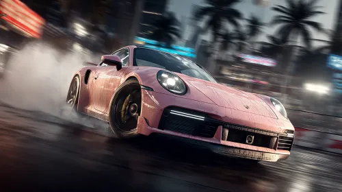 Beautiful Pink Sports Car on a Wet Street in Night Lighting
