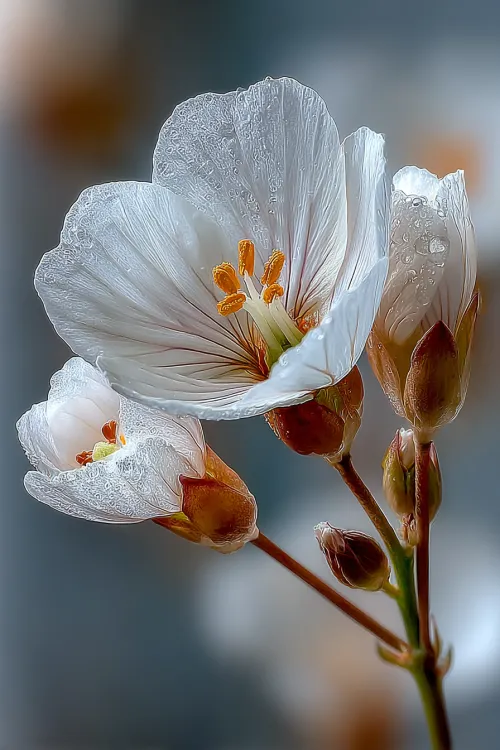 Close-up of a pristine white flower with water droplets on the petals