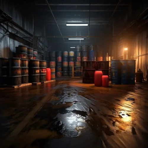 Interior of an abandoned warehouse filled with barrels and containers