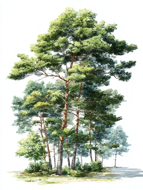 Image of a group of pines in a forest landscape with bright greenery