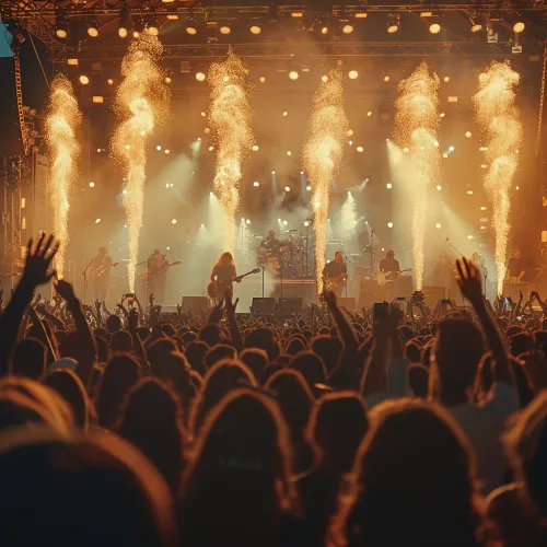 Crowd of fans at a concert with fireworks and a music band on stage