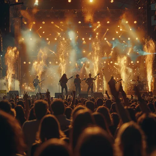 Musical concert featuring a band with pyro effects