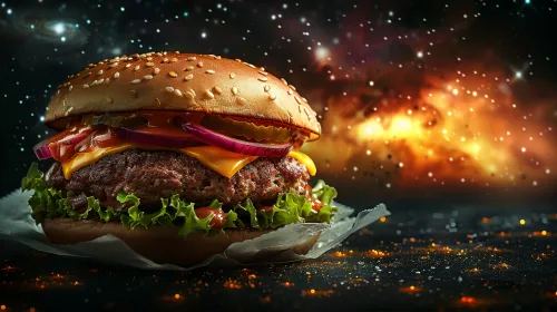 Сочный бургер с начинками на фоне звездной галактики