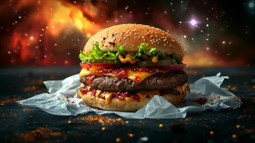Аппетитный бургер с мясом и овощами на космическом фоне