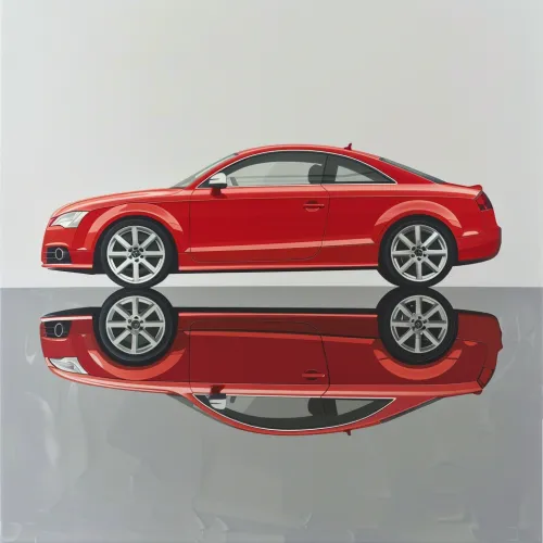Vista lateral de un coche deportivo rojo con reflejo en espejo