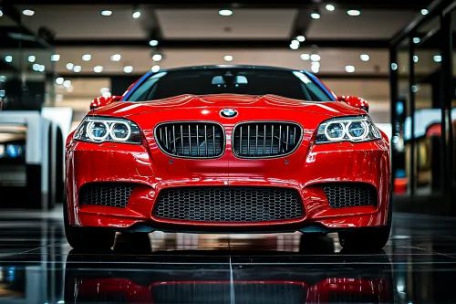 Красный спортивный автомобиль BMW на фоне стильного автосалона