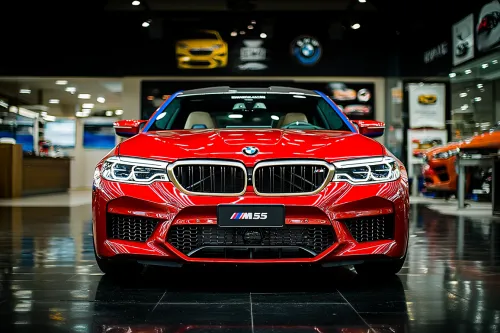 Elegante BMW M5 rojo con faros brillantes en un concesionario moderno
