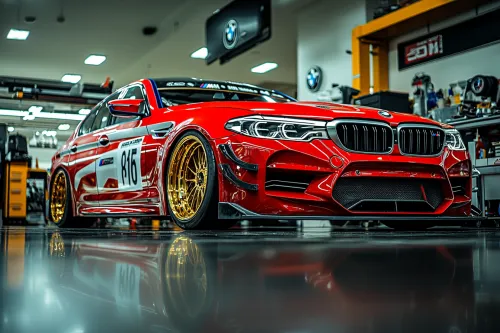 Close-up of a red BMW sports car in a workshop
