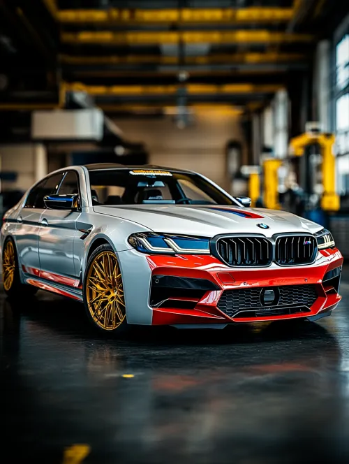 Современный спортивный автомобиль BMW с яркой отделкой на фоне гаража