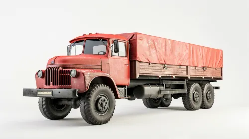 Truck with a red body and a canvas cover against a light wall