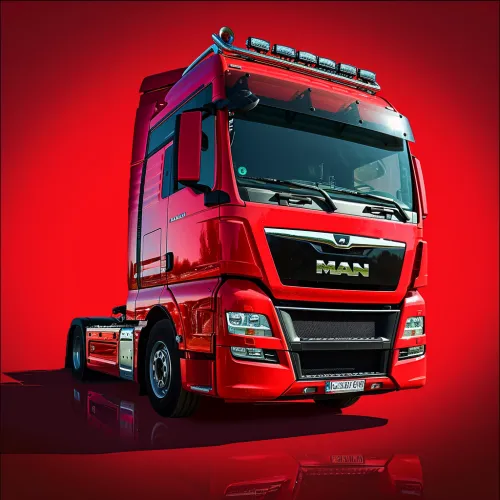 Red MAN truck with a mirror effect