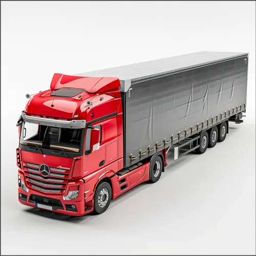Red Mercedes-Benz truck with a trailer on a light background