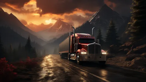 Red truck on a winding road among mountains and forests under a sunset sky