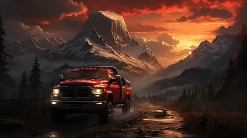 Red pickup surrounded by mountains and sunset in the background