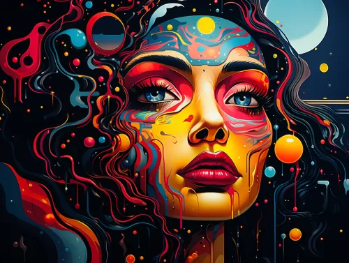 Retrato de una mujer adornado con brillantes abstracciones en colores y planetas