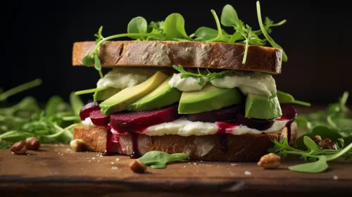Avocado, beet, and salad sandwich on a wooden board