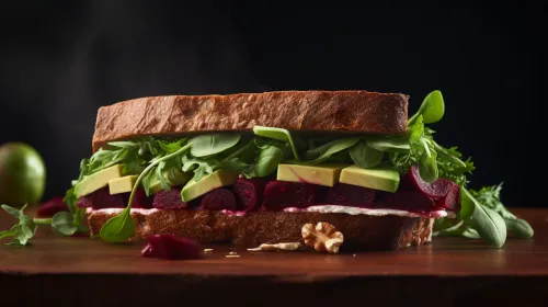 Sándwich con un relleno de capas de remolacha, aguacate y verduras