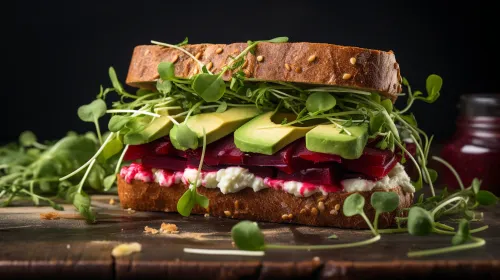 Sandwich with avocado, beetroot, and greens on a wooden surface