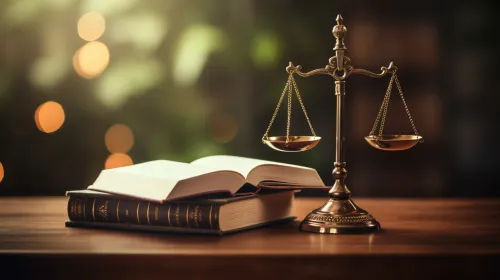 Scales of justice and an open book on a wooden table