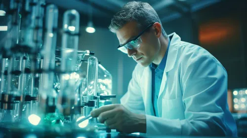 Male scientist in a lab coat examining substances under a microscope