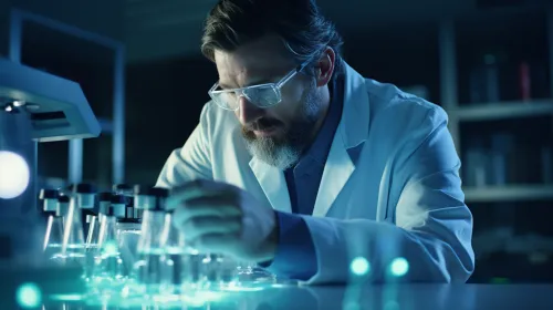 Researcher in the laboratory conducting experiments with test tubes and reagents