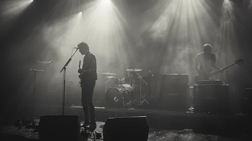 Músicos tocando en el escenario iluminado por rayos de luz